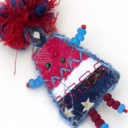 Fiber Art Brooch, Mixed Media Pin Patriotic Girlfriend