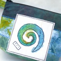 Cosmetics Bag, Clutch Wristlet, Handpainted, Teal Blue Green, Spiral