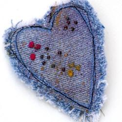 Mixed Media Denim Heart Pin Brooch, Hand Embroidered, Beaded, Recycled